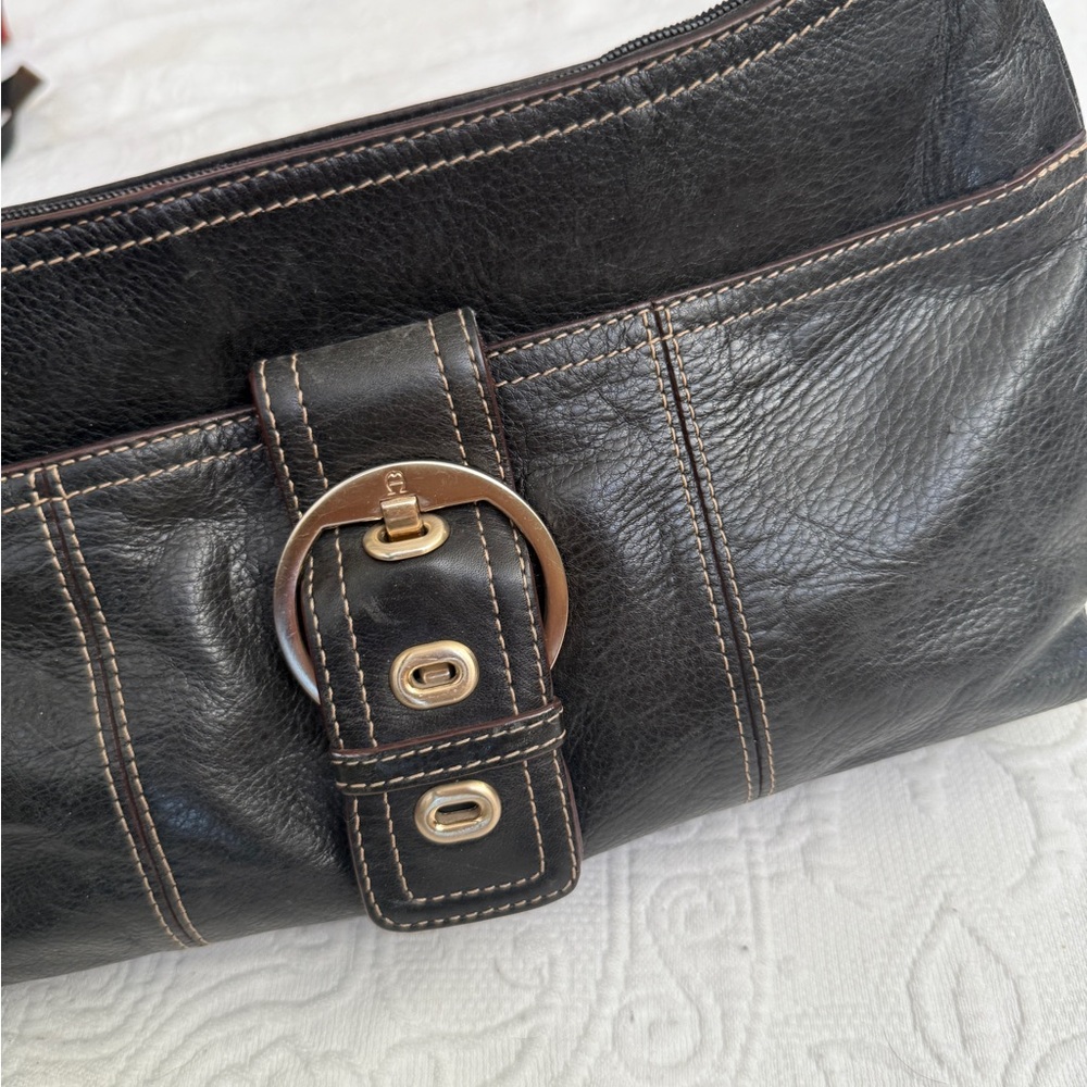 Etienne Aigner Black Leather Clutch with Gold Accents Y2K